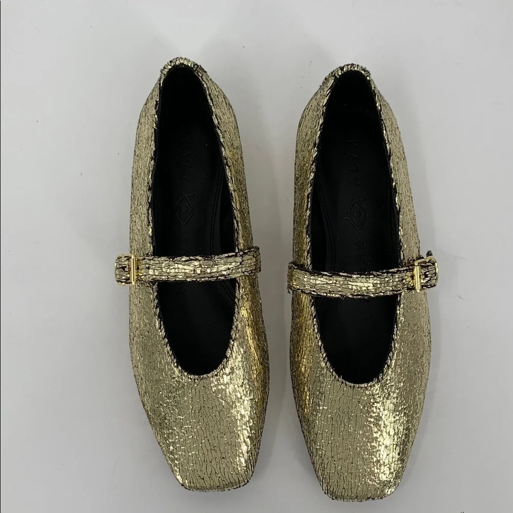 Katy Perry Evie maryjane flat shoe gold metallic crinkle vegan buckle new 9